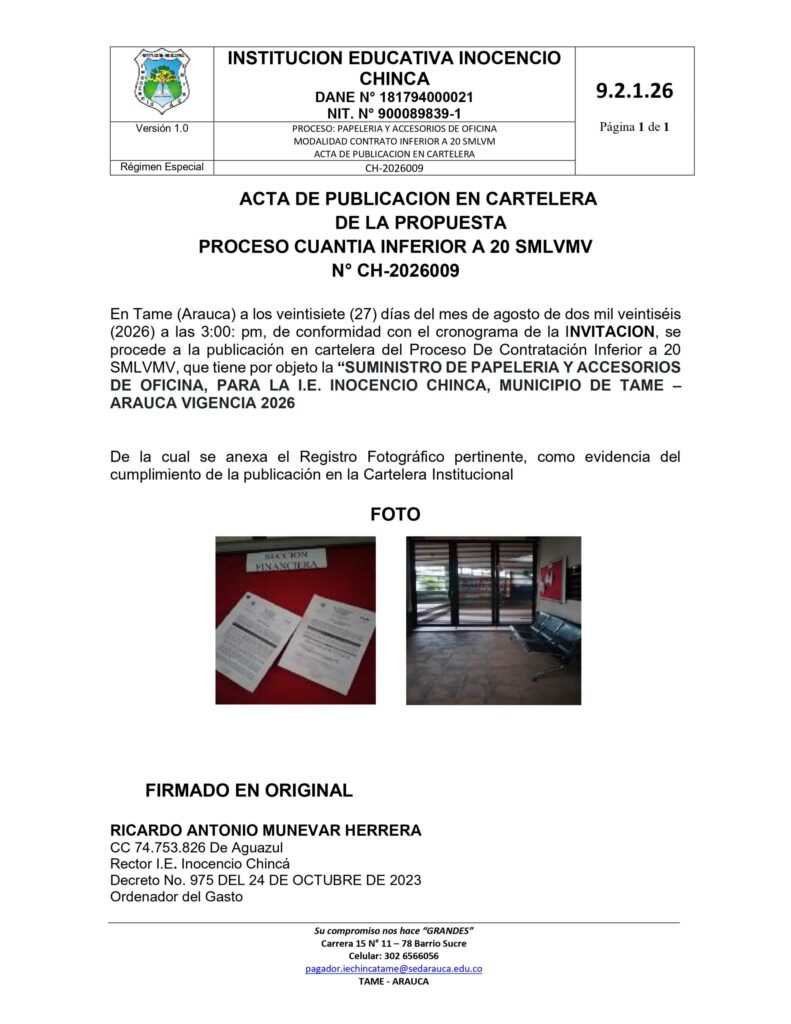 Acta de publicación en cartelera de la propuesta proceso cuantía inferior a 20 smlvmv n.° CH-2026009