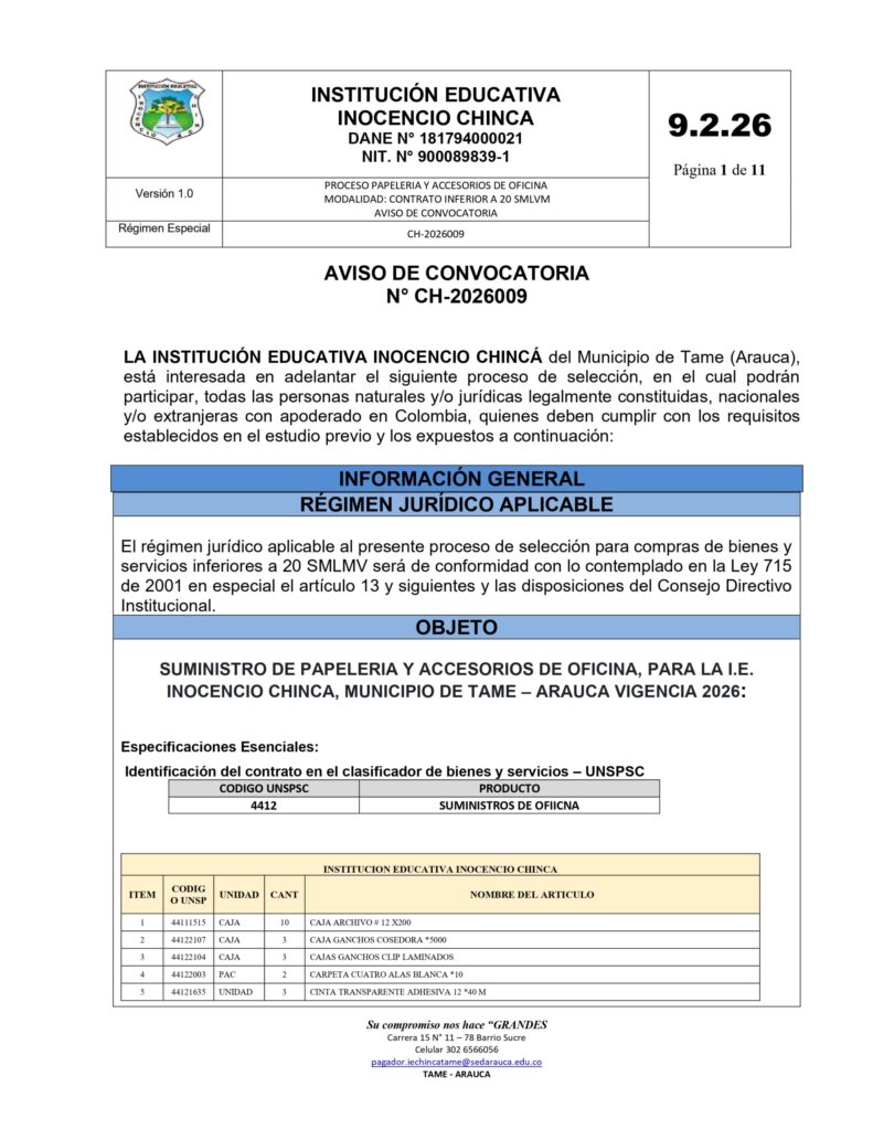 Aviso de convocatoria N° CH-2026009
