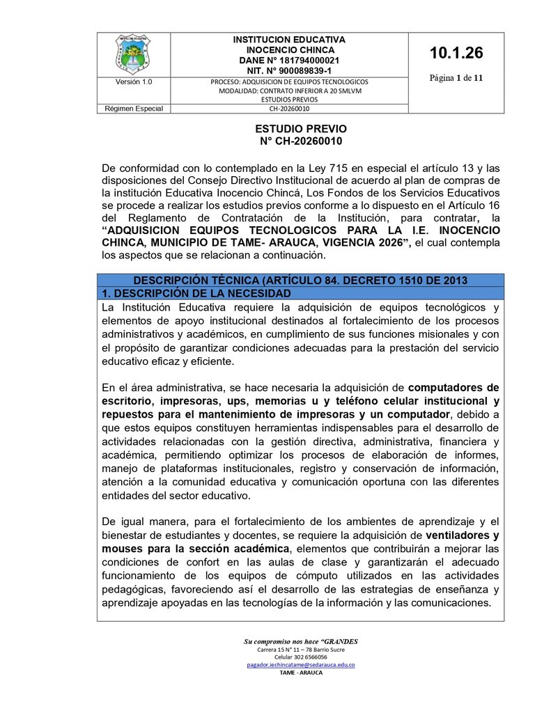 Estudio Previo N.° CH-20260010 – Adquisición de Equipos Tecnológicos para la I.E. Inocencio Chincá, Tame – Arauca, Vigencia 2026