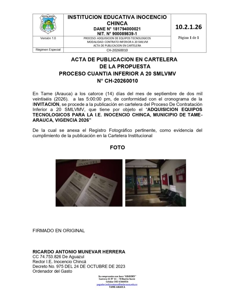 Acta de Publicación en Cartelera de la Propuesta – Proceso de Cuantía Inferior a 20 SMLMV N.° CH-20260010 – Adquisición de Equipos Tecnológicos para la I.E. Inocencio Chincá, Tame – Arauca, Vigencia 2026
