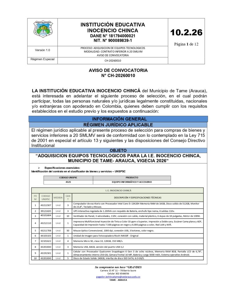 Aviso de Convocatoria N.° CH-20260010 – Adquisición de Equipos Tecnológicos para la I.E. Inocencio Chincá, Tame – Arauca, Vigencia 2026
